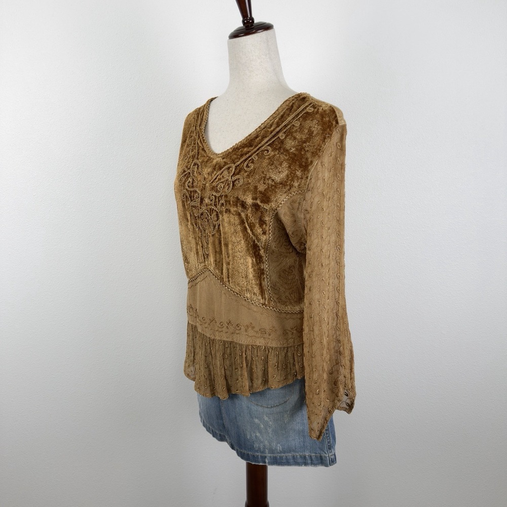 VTG Just Cruising Top Womens L* Yellow Embroidered Tie Back Hippie Boho Festival - Picture 5 of 15